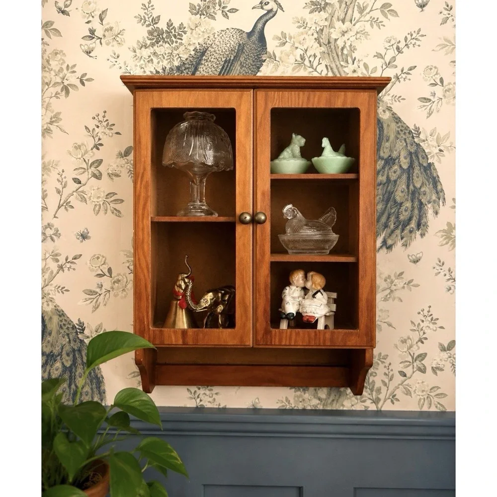 Vintage Wooden Wall Curio Cabinet Glass Door Display Shelf Spice Cabinet 17x12
